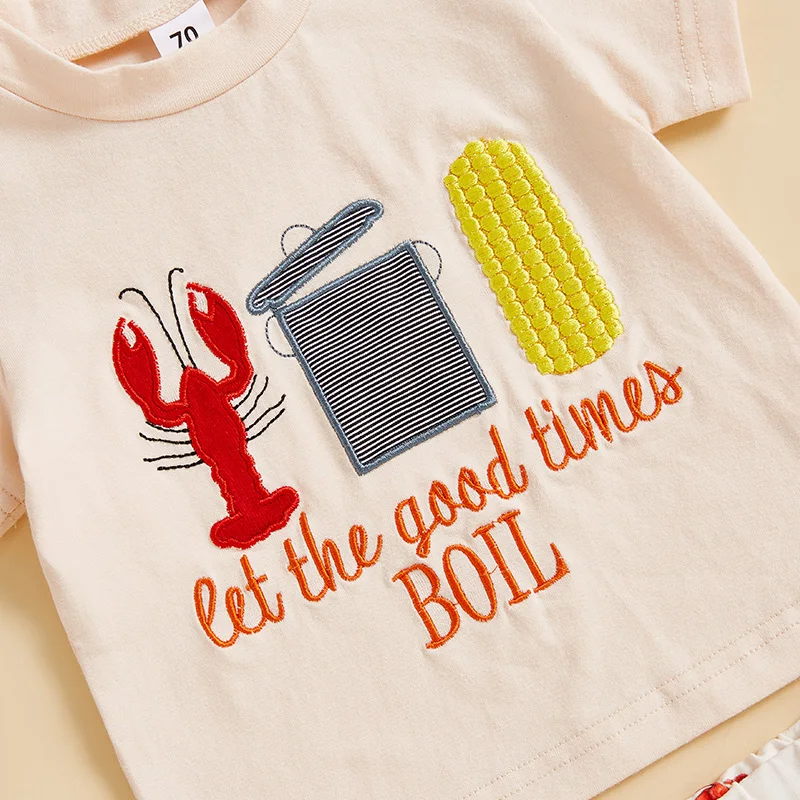 2024-12-10 Lioraitiin Kids Boys Summer Outfit Short Sleeve Crew Neck Embroidery T-shirt with Lobster Print Shorts Clothing Set 5