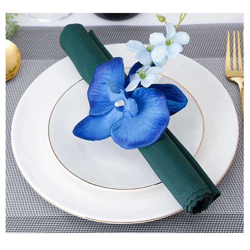 Handmade Orchid Flower Napkin Rings Blue Flower Holders Handcraft Serviette Buckles Rings 6PCS for Wedding Table Decor