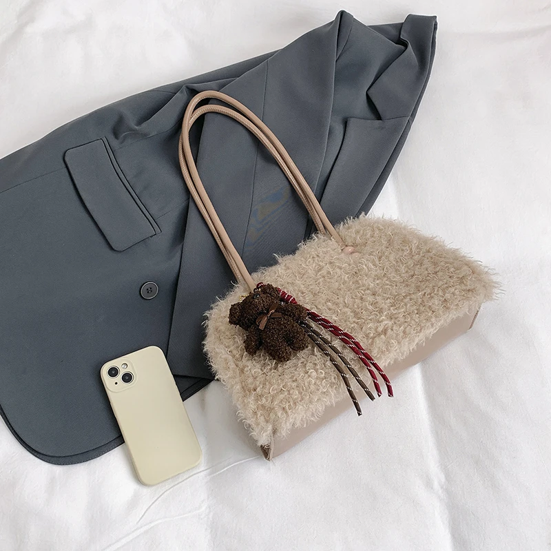 Luxus Lamm Woolen Handtasche Geldbörse Kupplungen Frauen Tasche 2024 Winter Neue Große Kapazität Unterarm Schulter Tasche Dame Warme Plüsch Tasche – Detail 19