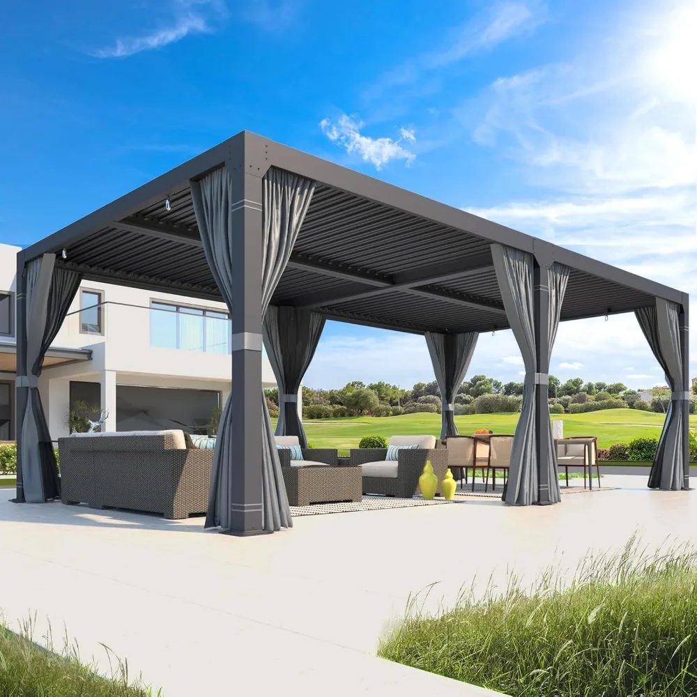12x24, Aluminum Pergola with Adjustable Louvered Roof, Outdoor Pergola with Waterproof Curtains and Nets, Dark Grey, Gazebos 6
