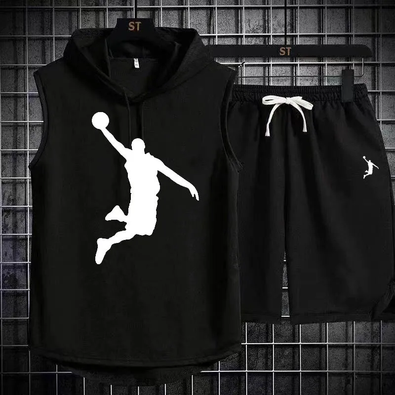 New Summer Mens Muscle Hoodie Vest Sleeveless Bodybuilding Gym Workout Fitness Shirt High Quality Vest Hip Hop Sweatshirt suit sports suit sports vest sports set