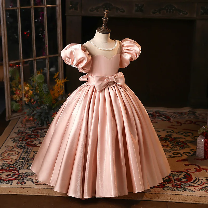 

Boutique Girls Dress Satin evening dress Flower girl Princess long dress Pearl Bow Kids Dresses for Party Children Pageant Gown