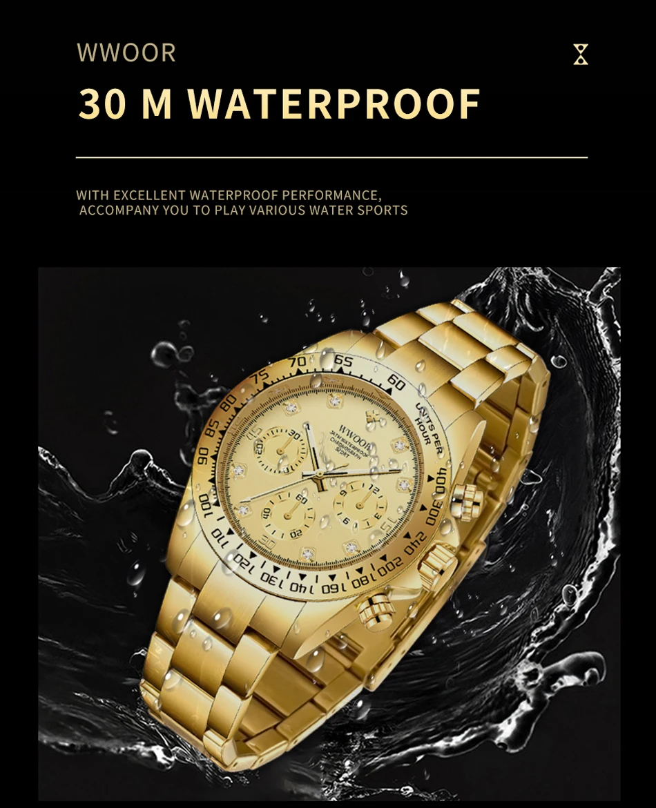 WWOOR New Mens Watches Top Brand Luxury Quartz Wrist Watch Sports Waterproof Chronograph Full Steel Watch Male Relogio Masculino