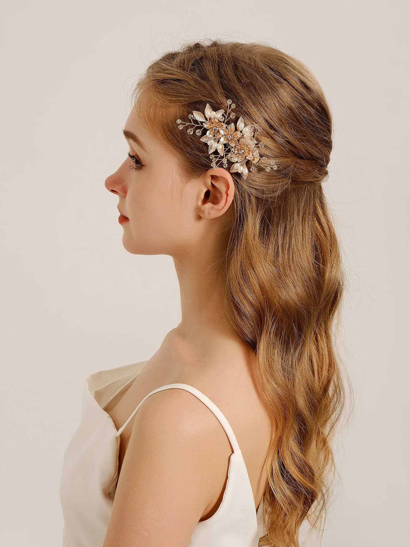 Handgemachte Perle Blume Haars pangen für Frauen Haarnadeln Braut Hochzeit Haarschmuck Kristall Gold Farbe Braut Kopf bedeckung Geschenk – Detail 11