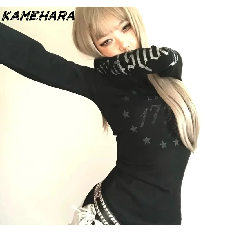 KAMEHARA 봄/여름 다크 아메리칸 슬리밍 U자형 탑 디자인 프린트 틈새 베이스 셔츠 긴팔 티셔츠 Y2k ブラウス シフォン - AliExpress