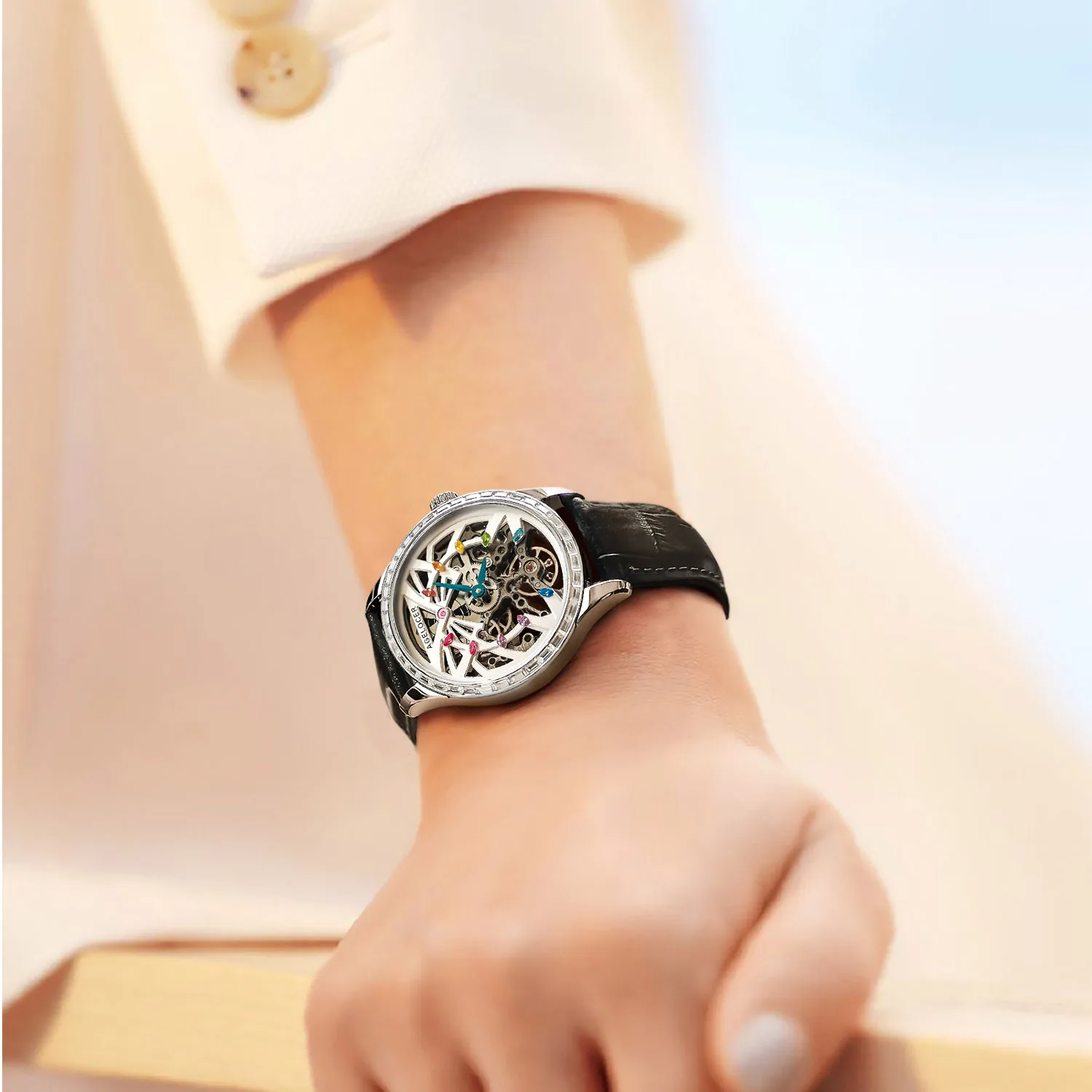 AGELOCER Women\'s Top Brand Mechanical Skeleton Automatic Luxury Watch Elegant Ladies Christmas Valentine