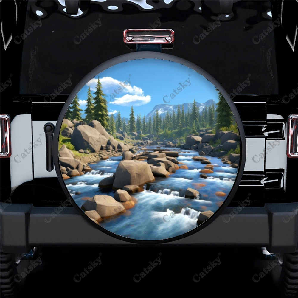 

Универсальная крышка для запасных колес, чехол из полиэстера с рисунком реки и леса, для трейлеров, домов на колесах, внедорожников, грузовиков, жилых прицепов