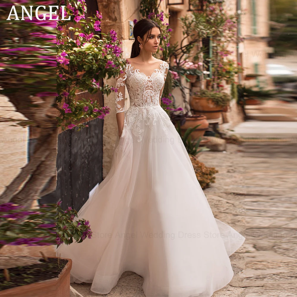 

ANGEL Boho 3/4 Sleeves Wedding Dress A-Line Scoop Lace Applique Bride Gowns Sweep Train Tulle Illusion Vestidos De Novia