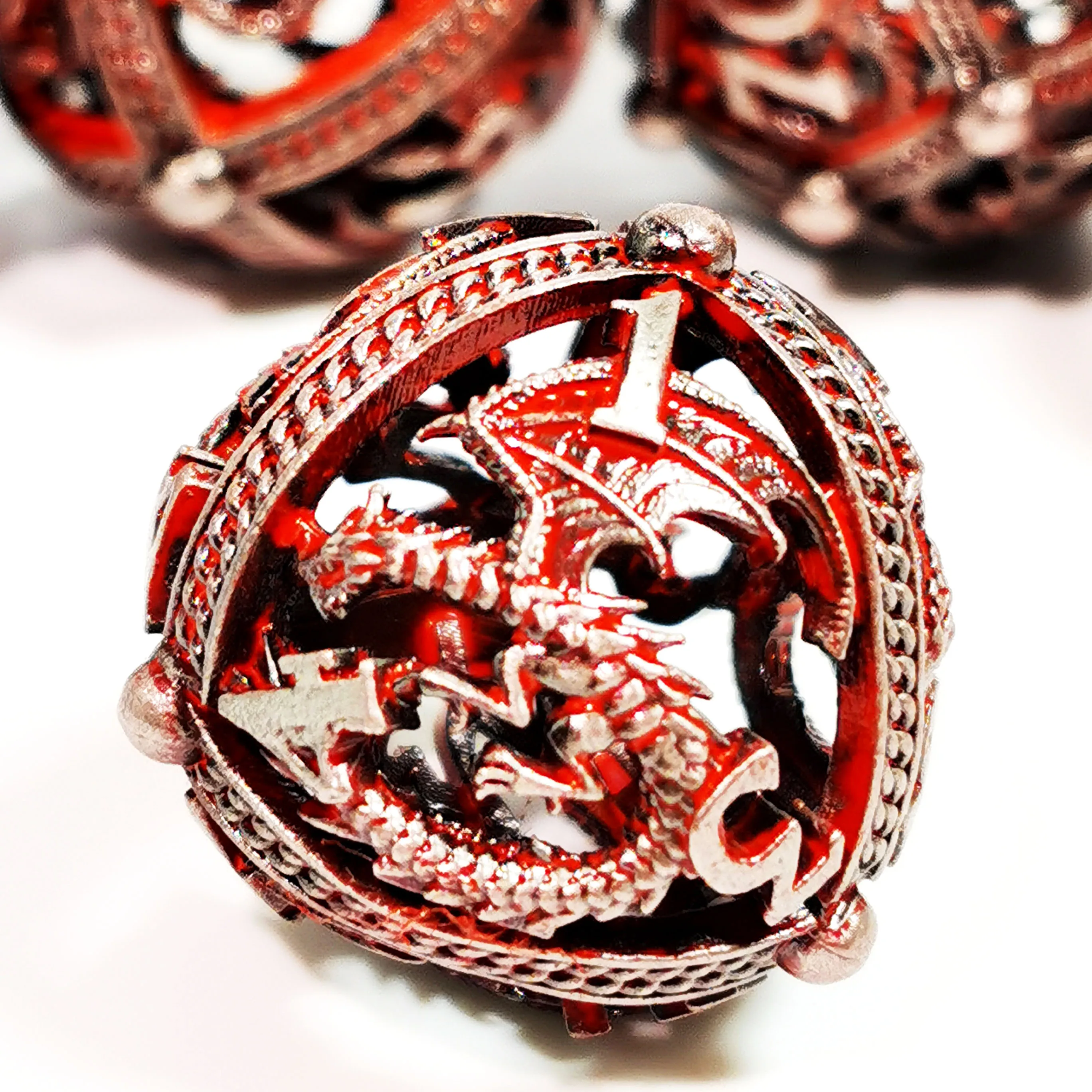 DnD Dice Set - 7 Piece Zinc Alloy Metal Hollow Dice, Red Pattern for RPG & Tabletop Games 3