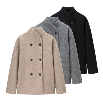 Cappotto di lana temperamento da donna autunno inverno Giacca solida a maniche lunghe doppiopetto con colletto alla coreana alla moda 1