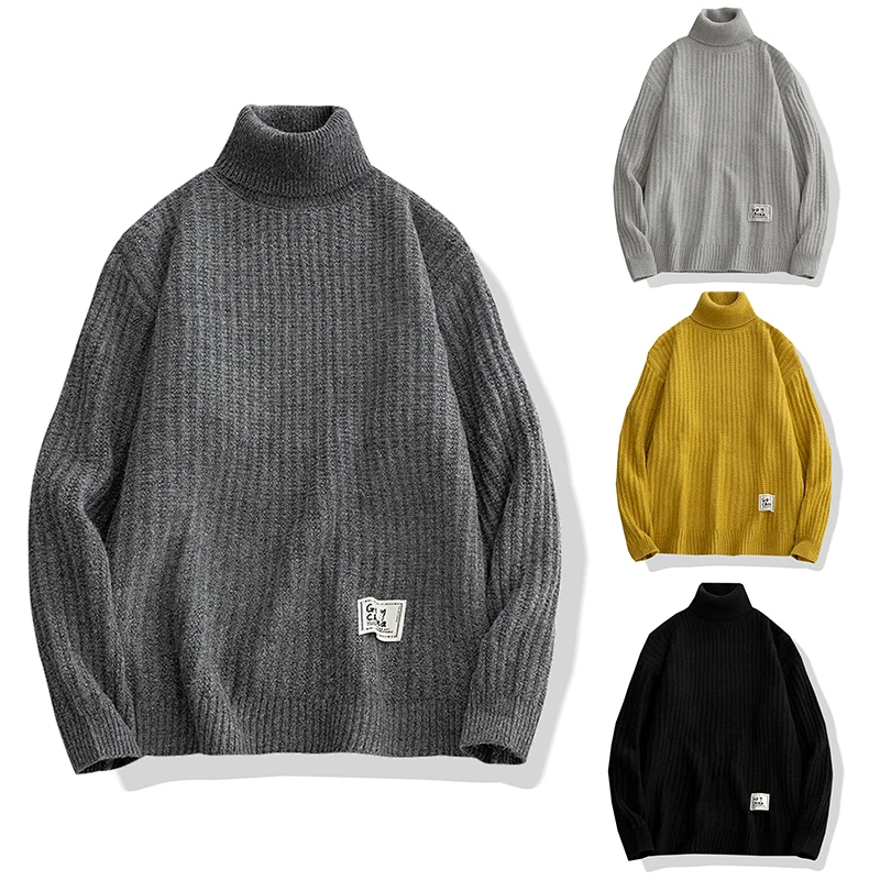 Men's Fleece Turtleneck Sweaters Solid Color Long Sleeve Striped Knitted Sweaters Winter Thicken Warm Jumper Men