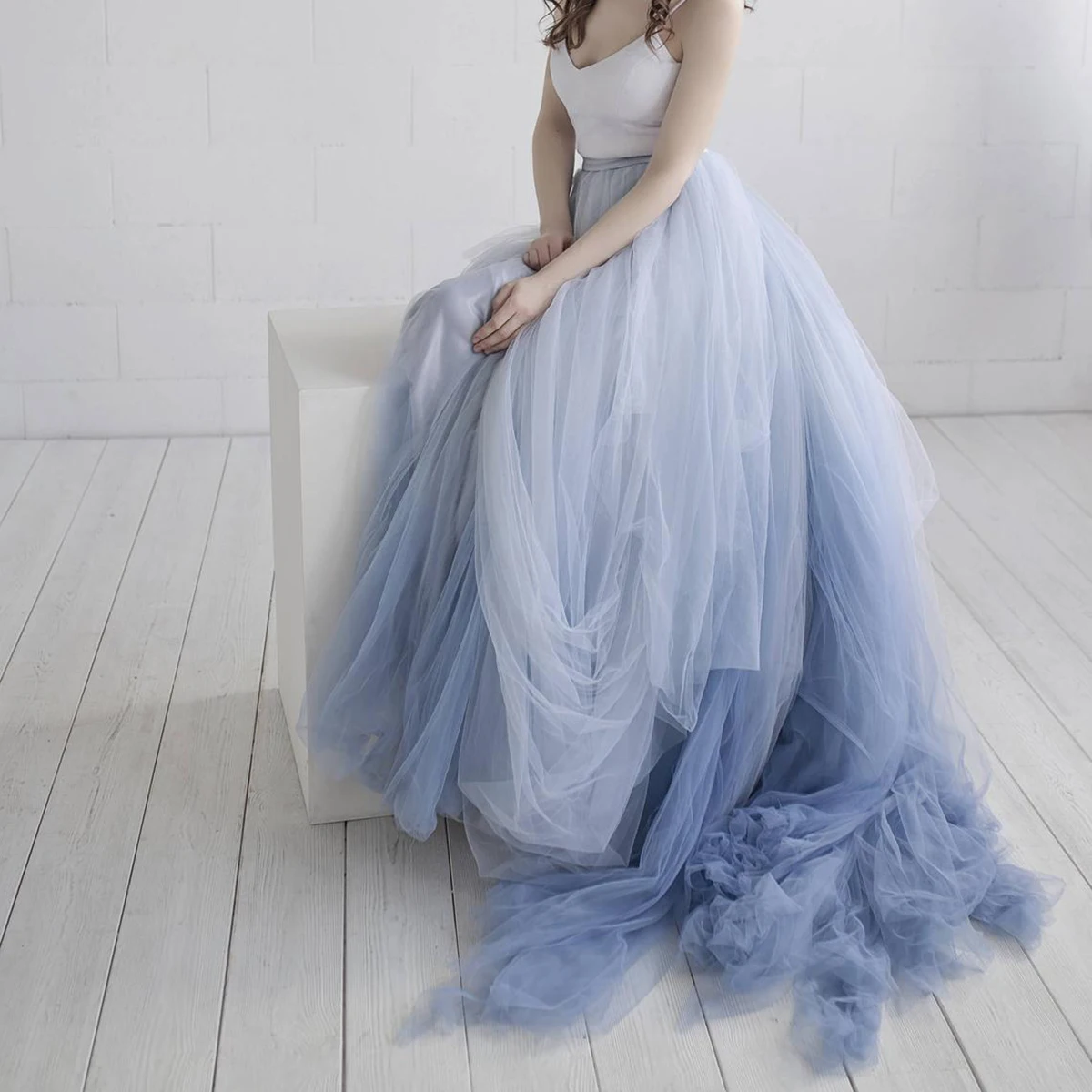 

Sky Blue Women Skirts for Weddings Romance Muti Layers faldas Soft Tulle Long Maxi Skirt Zipper Closure Fullness