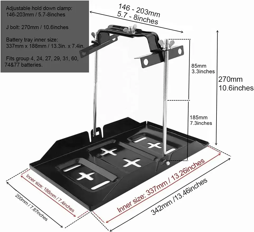 Battery holder battery hold down clamp bracket battery clamp universal battery hold down tray corrosion-resistant steel storage adjustable 27/34cm tray