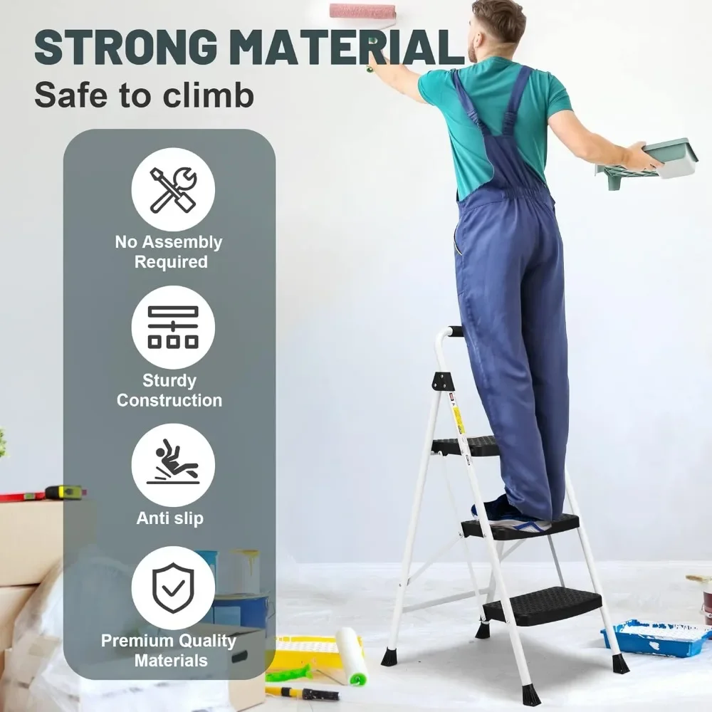 3 Step Ladder Folding Step Stool for Adults with Handle Lightweight 500lbs Capacity For Kitchen& Household