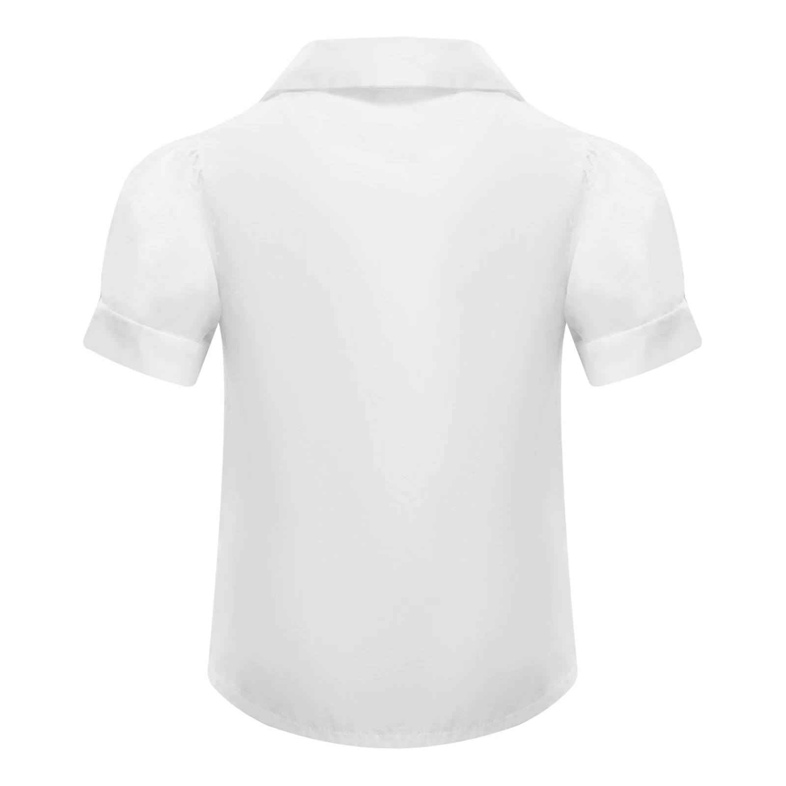Kids School Girls Fashion Shirt Short Sleeve Casual Solid Color Turn-Down Collar Bowknot Blouse