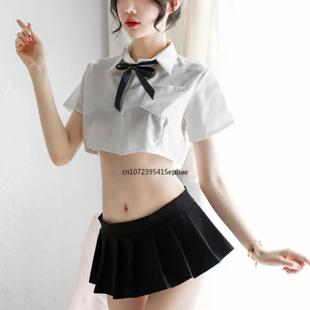 

Erotic Underwear Sexy Perspective Student Clothes White Shirt Collar Rope Bow Uniform Temptation British Plaid Pleated Skirt 10$