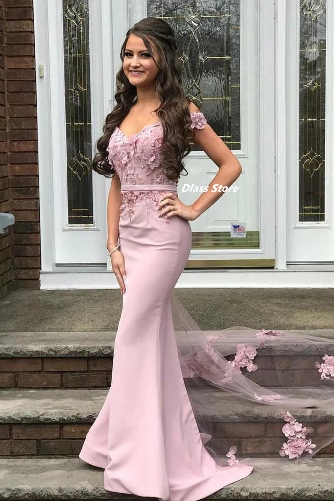 Mermaid Off The Shoulder Long Prom Dresses Appliques Tulle Sweep Train Party Gowns Elegant Pink Reobes De Cock Tail High Quality long sleeve prom dresses