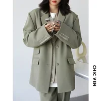 CHICVEN  Women Office Lady Blazer Cuff Embroidery Wide Shoulder Twill Suit Women's Autumn Ladies Outerwear  Stylish Tops - Image 2