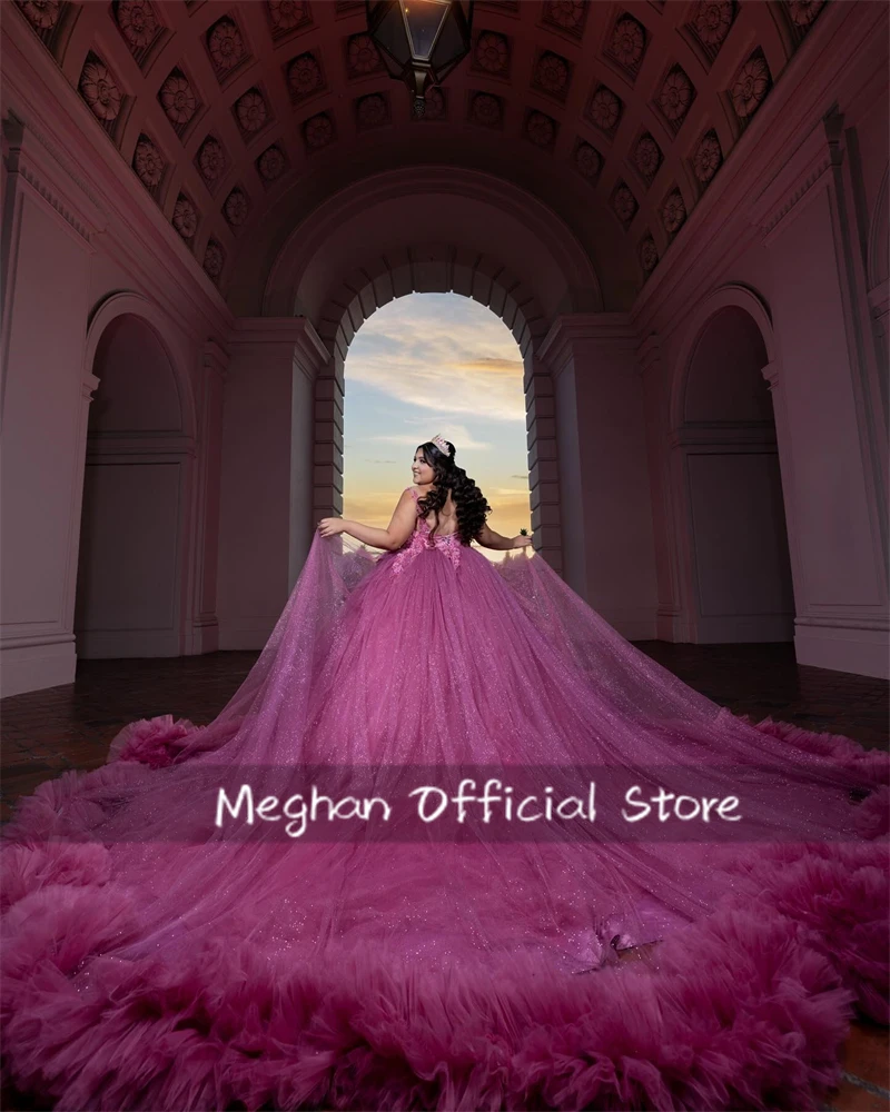 Fuchsia O N Quinceanera Dresses Ball Gown Bead Appliques Birthday Luxury Dress Ruffles Graduation Gown Sweet 15 Customized