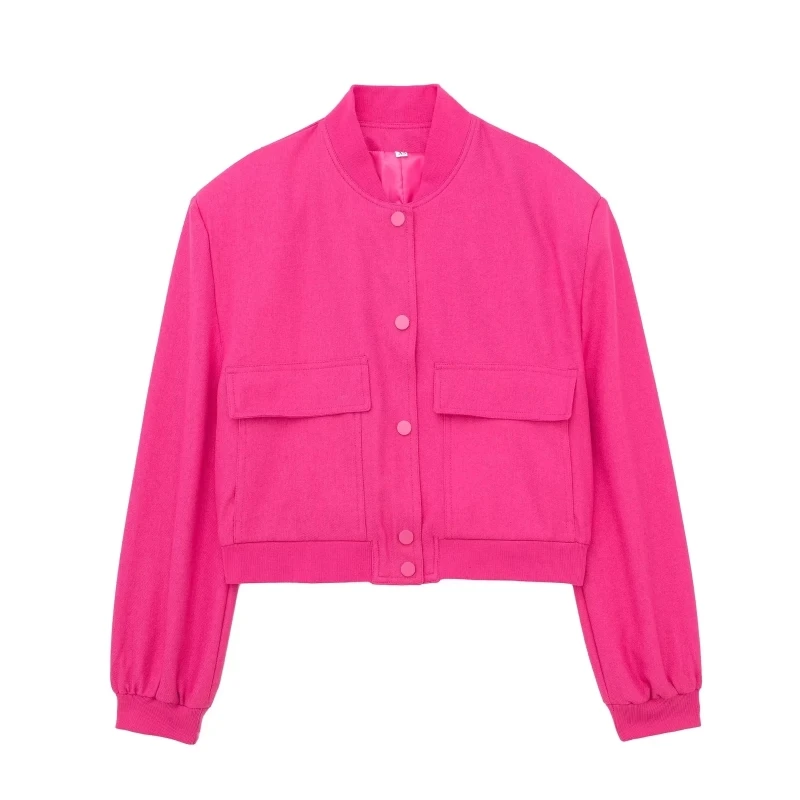 

Autumn Women's New Style Stand-collar Long-sleeved Loose And Versatile Double-pocket Bomber Jacket, Single-breasted Top