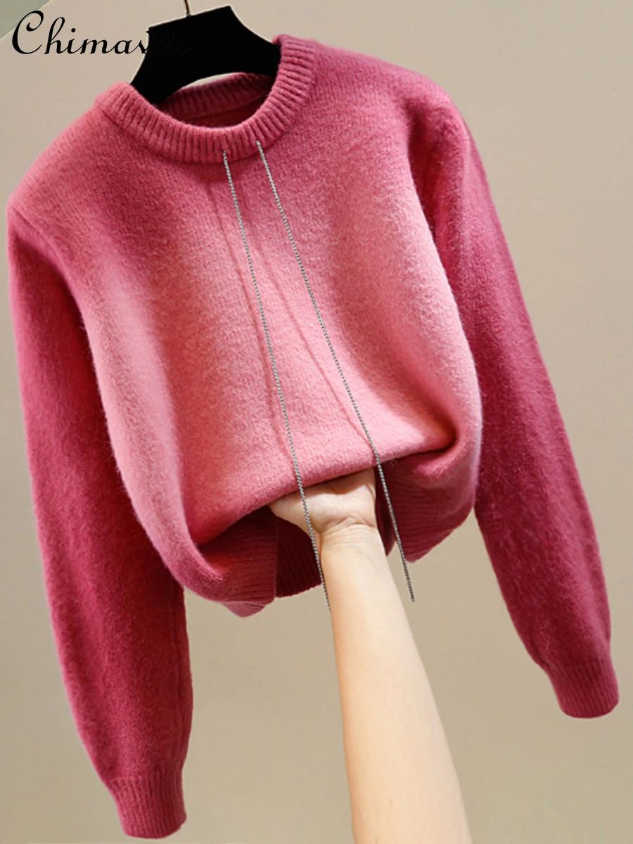 

Модный Цветной пуловер с металлической цепочкой и круглым вырезом, вязаный Топ, повседневный короткий свободный утепленный свитер для женщин на зиму