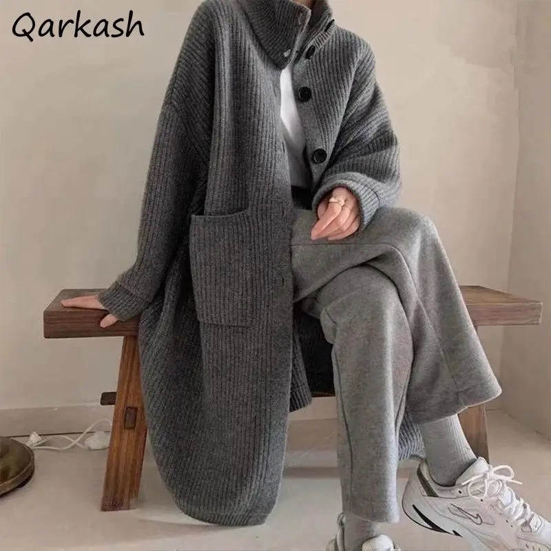 

Long Cardigans Women Winter Cozy Comfort Ulzzang Streetwear Vintage Gentle Pockets Stand-up Collar Harajuku Minimalist All-match