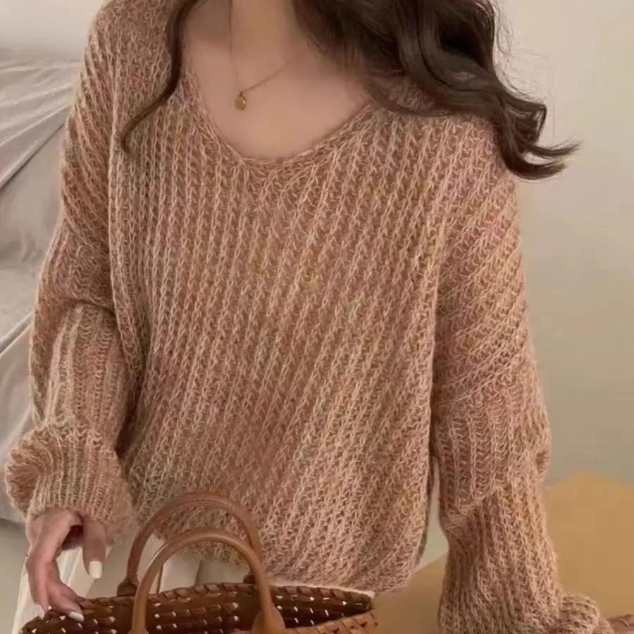 

Hsa 2023 New Sexy Solid Color Thin Women's Sweater Vintage Hollow V-neck Knitted Pullover Sweatshirt Korean Y2k Jumper Top