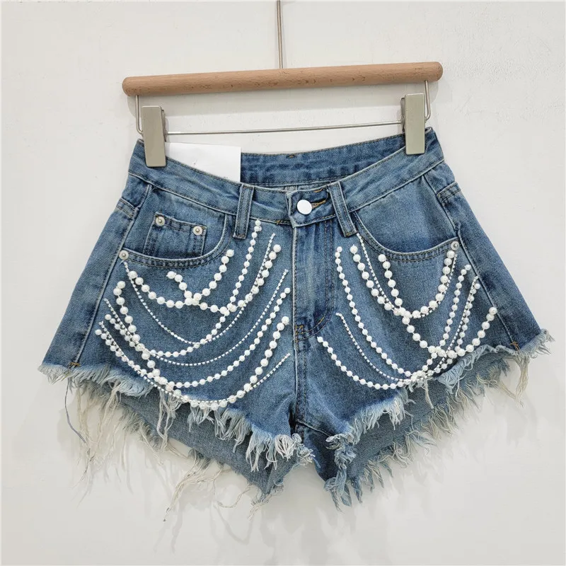 Denim Shorts Women's Summer New High Waist Figure Flattering Heavy Industry Rhinestone Tassel Burr Wide Leg Short Pants