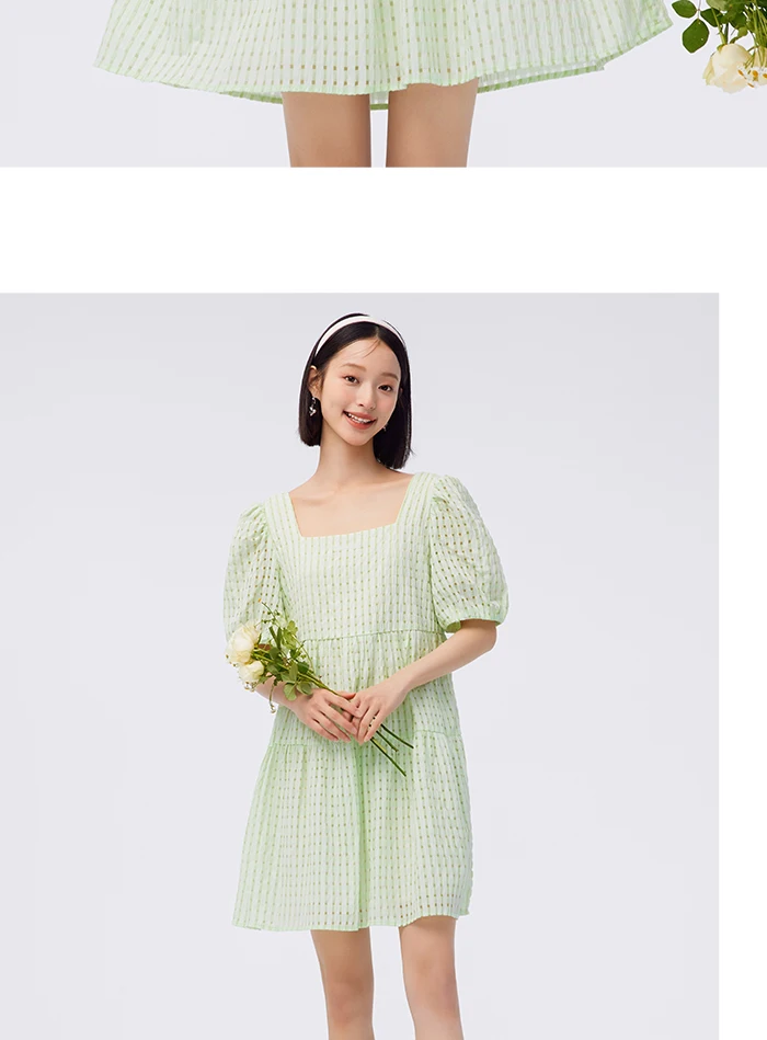 Vestido de mujer con textura a cuadros, fresco, de verano, nuevo, con cuello cuadrado, para bebé, dulce