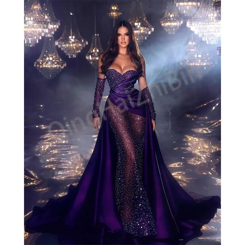 

Exquisite Purple Overskirts Evening Dresses Sweetheart Beading Pleats Half Sleeves Formal Prom Party Gowns for Special Occasions