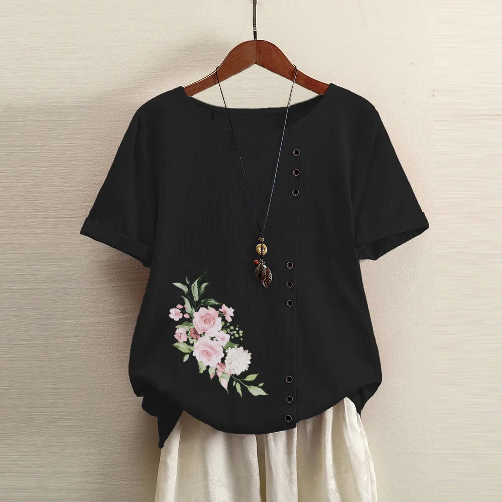 Cotton Linen Floral Print Women Blouse