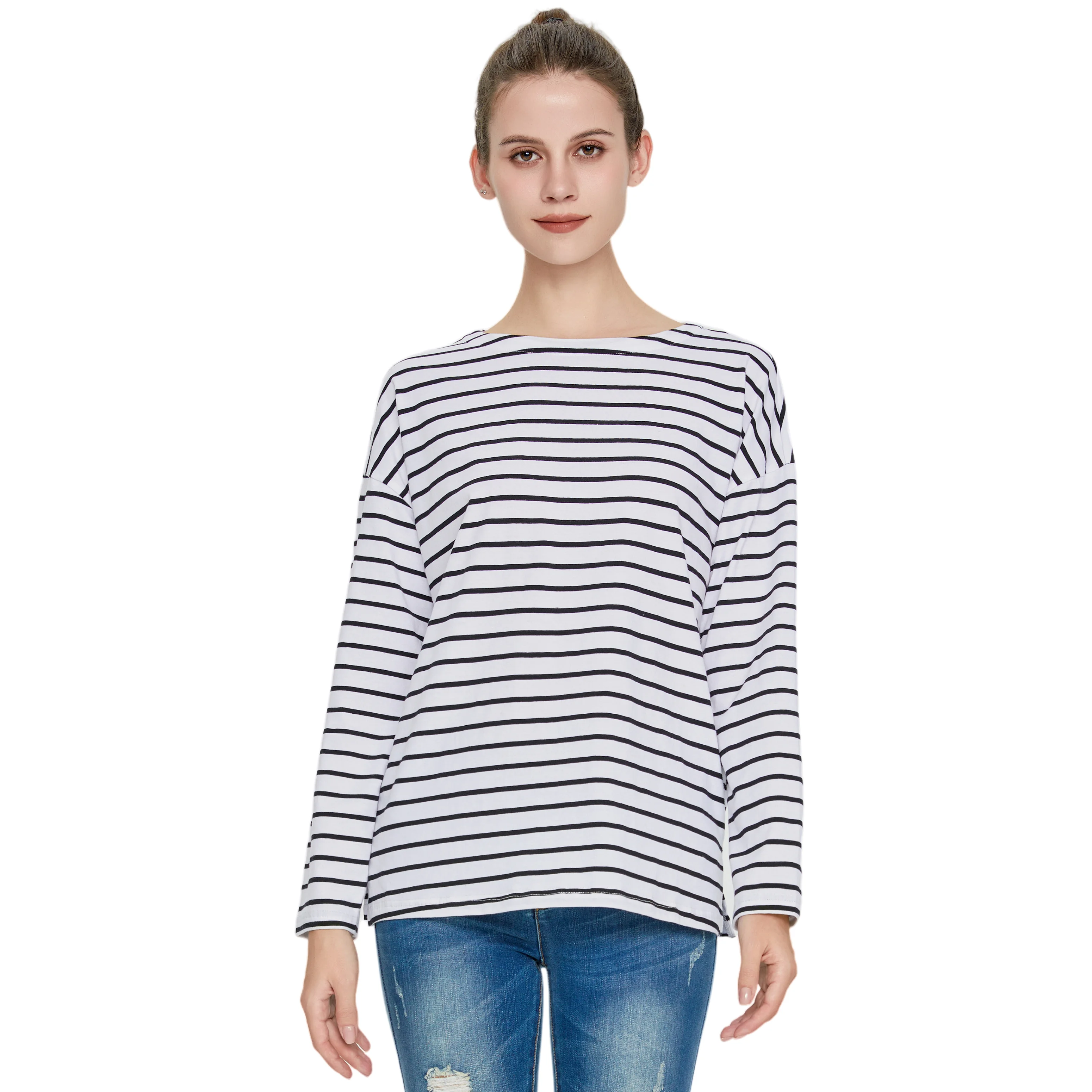 

YIZUO ALTER Women's Casual Striped Long Sleeve T Shirts Drop Shoulder Boat neck soft Skin friendly Vintage Strip Tee Tops