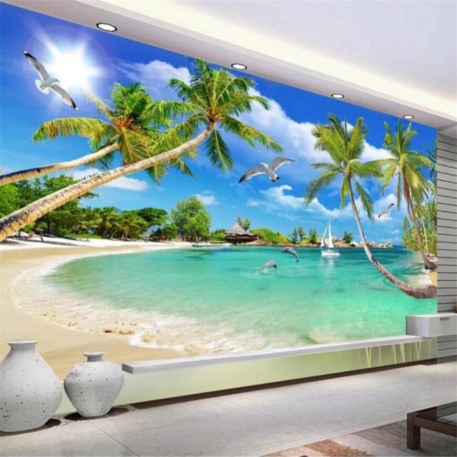 Papel tapiz personalizado 3D mural Hawaiano playa árbol de coco TV Fondo  pared puede dormitorio hotel vista al mar decoración de la habitación papel