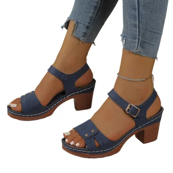 2026 Fashion Female Solid Color Round Head Fashion Flats Footwear Women'S Thick Medium Heel Adjustable Strap Sandals for Women 1