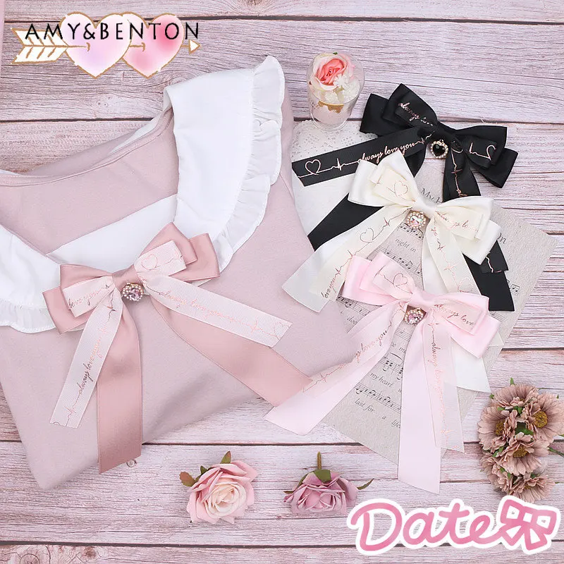 

Japanese Style Sweet Ties for Women Letter Printing Girl Big Bow Pin Collar Accessories Ladies Solid Color Cute Tie