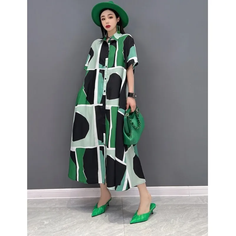 

Women Short Sleeve Shirt Dress 2023 Summer Fashion Large Size Mid-length Dress