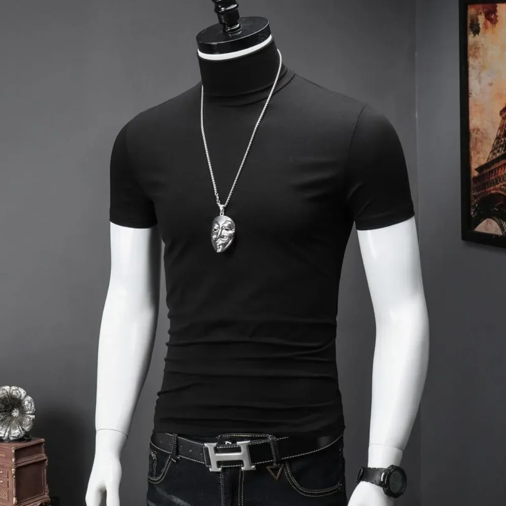 

Harajuku Korean Style Men's High Neck Short Sleeve T-Shirt Casual Luxury Golf Wear Summer Tees Fashionable Black Undershirt Man