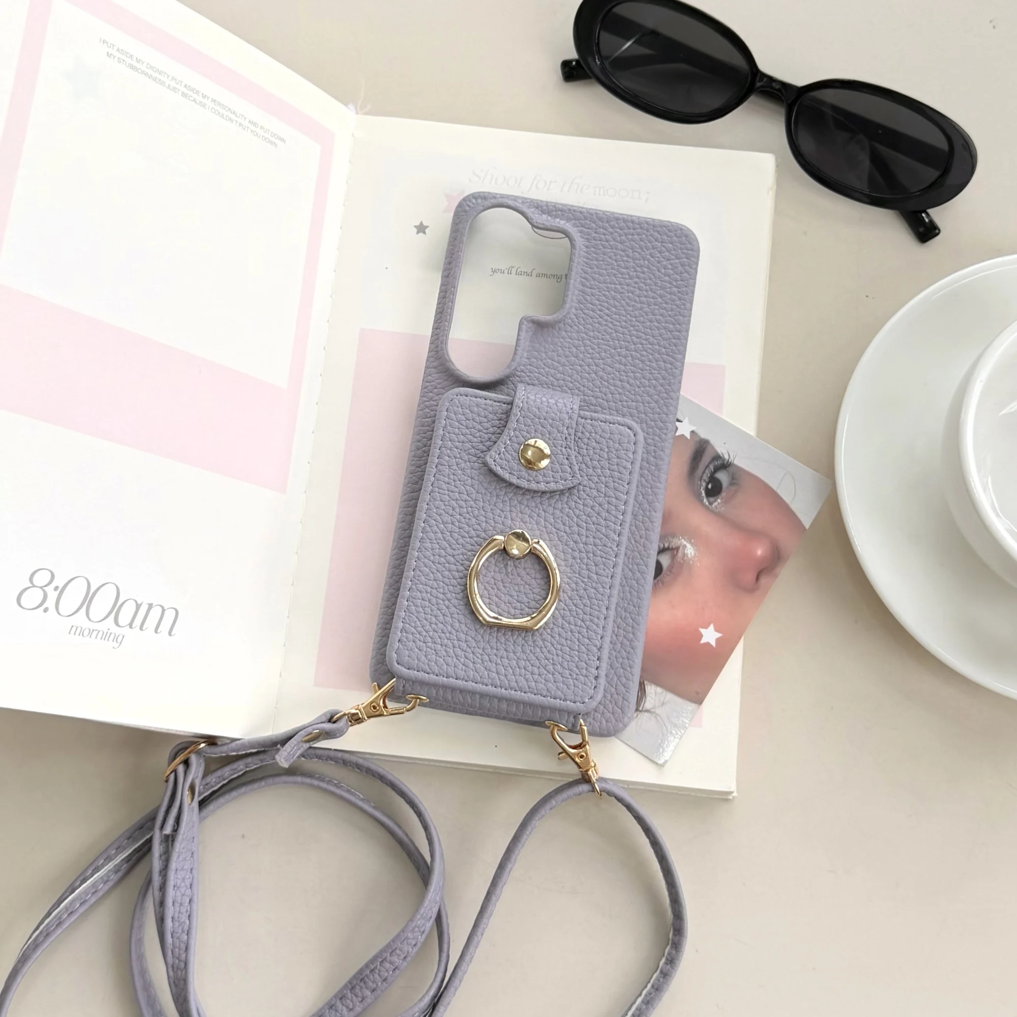 Crossbody Lanyard Phone Case with Card Slot, Ring Holder, and Kickstand in PU Leather