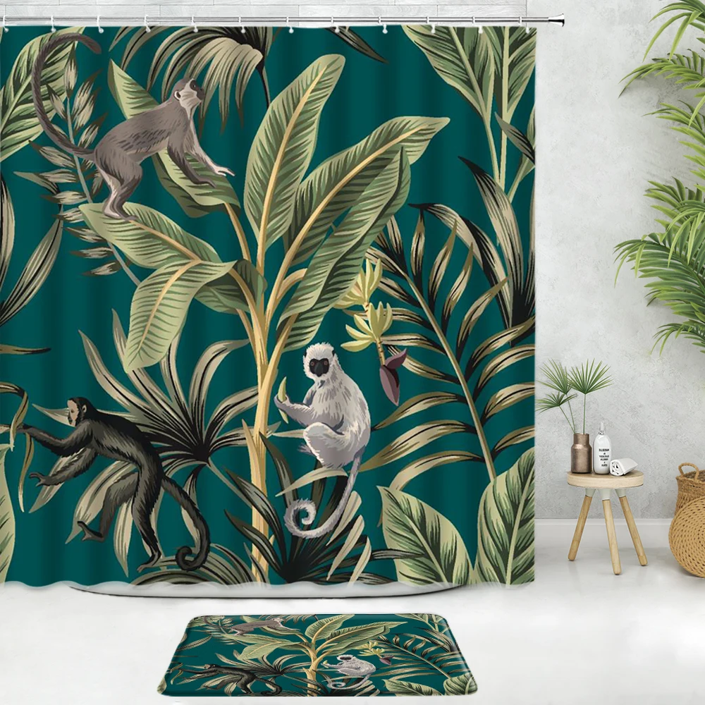 Tropical Jungle Animal Shower Curtain Set Bath Mat Leopard Parrot Flamingo Green Leaf Plant Scenery Bathroom Decor Non-Slip Rug