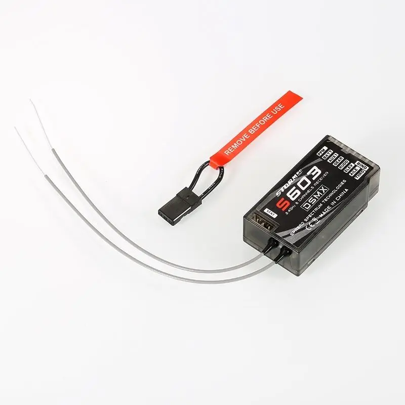 Récepteur RC DSMX 6 canaux S603 2.4GHz avec antennes dépliées et étiquette de marquage
