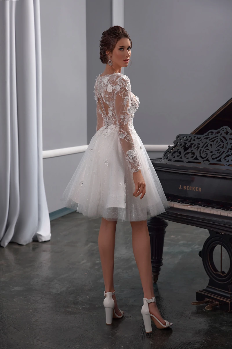 vestidos de novia Short Wedding Dress Sweetheart Organza Lace Appliques Long Sleeve V-NecK Customize To Measures RObe De Marie 2