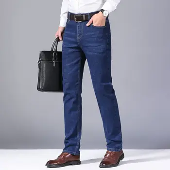 Wthinlee New Business Men's Jeans fleece Casual Straight Stretch Fashion Classic Blue Black Work Denim Trousers Male Clothing 1