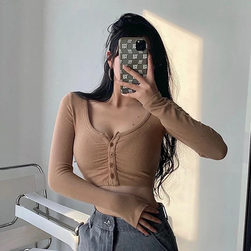 Xpqbb 여성용 긴 소매 크롭탑, 얇은 단추 니트 블라우스, 섹시한 스키니 나이트 클럽 짧은 티셔츠, Y2K, 2025 여름