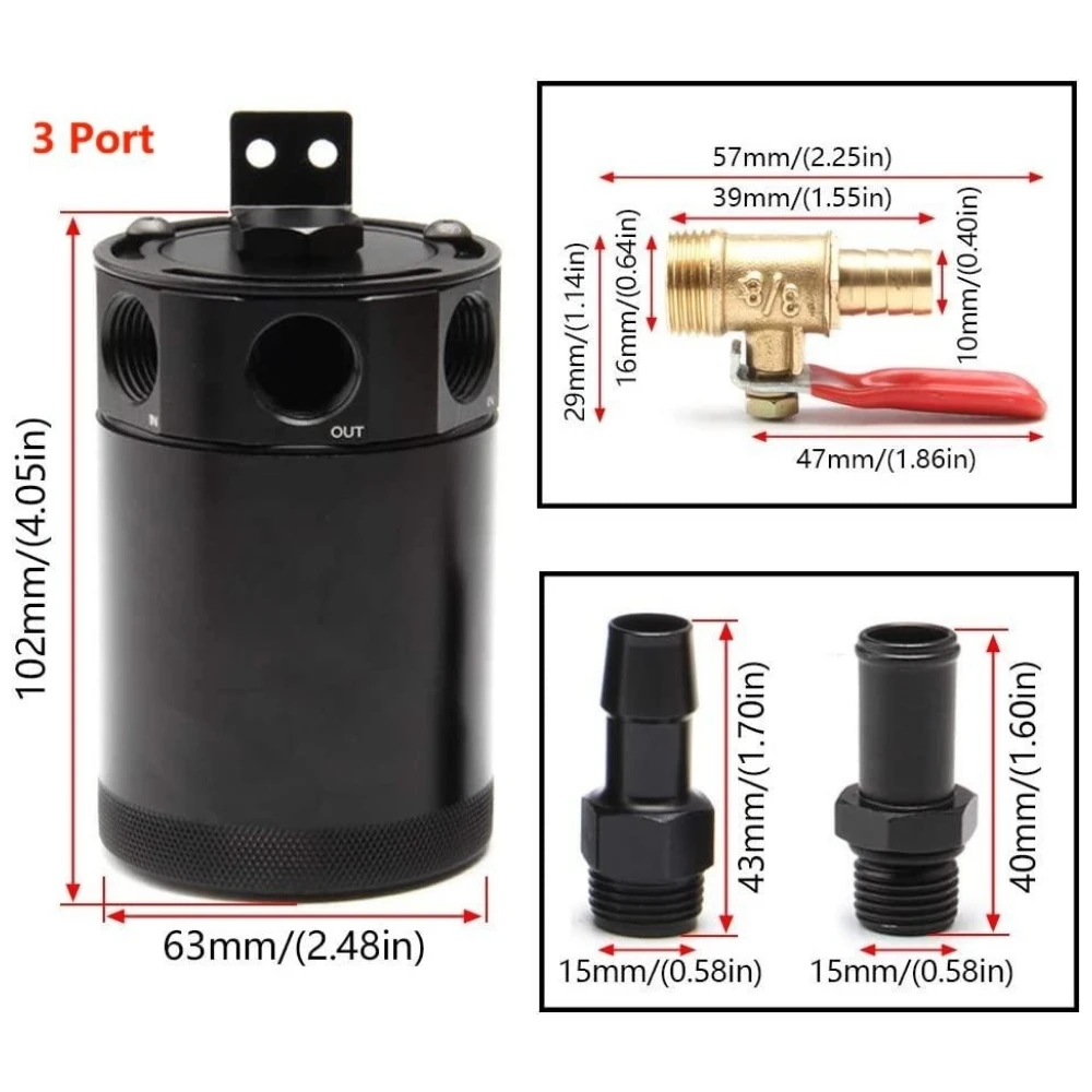 Universal Car Oil Catch Can Kit Reservoir Tank Baffled 2-port/ 3-Port Oil Separator with Breather Filter + Drain Valve,car oil catch can kit