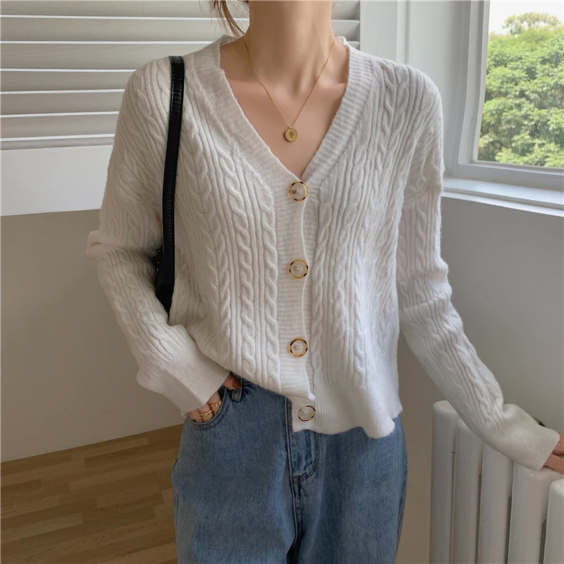 

V-neck Short Knitted Cardigan Women Fall and Winter Korean Casual Long-sleeved Sweater Outerwear 5 Colors