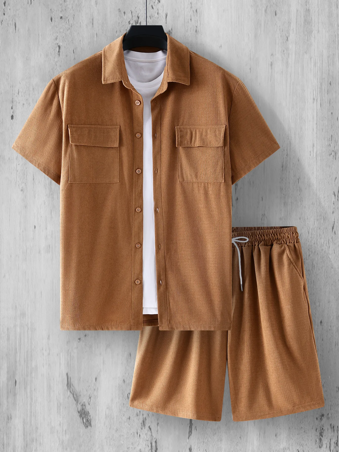 2026 Summer New Men Outdoor Leisure Solid Color Comfortable Corduroy Collar Button Shirt Set Fashion Trend Beach Vacation Set