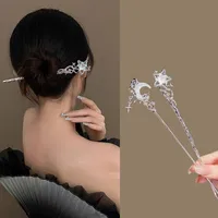 Vintage Moonstone Star Moon Hair Sticks for Women Chinese Style Cross Tassel Hairpin Disk Hair Chopsticks Hair Accessories