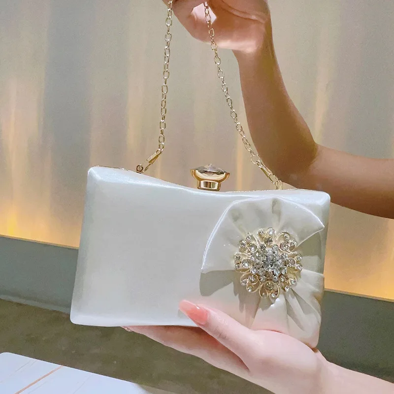 Elegant Satin Evening Clutch with Diamond Flower Decoration Retro Fairy Small Crossbody Bag for Women Party Wedding