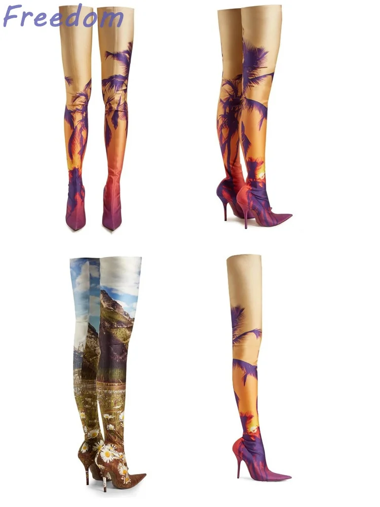 

Pointed Toe Super High Heel Fine Heel Landscape Painting Satin Women's Stretch Knee Boots Slim Leg Long Sock Boots