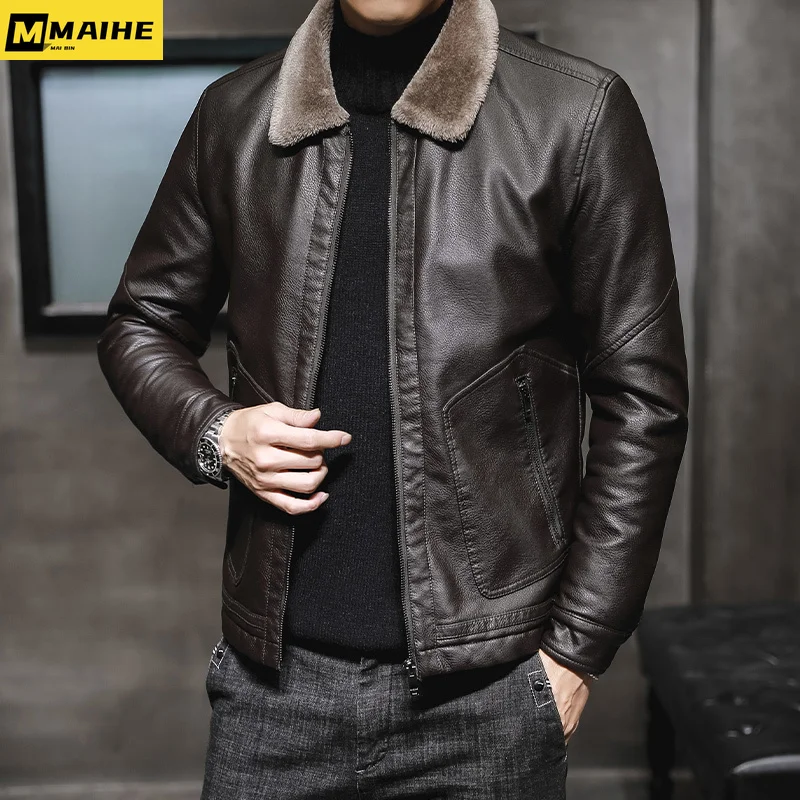 2023 Men's Leather Jacket Thickened Plush Winter Business Casual Slim Fit Square Collar Pu Leather Jacket Fashionable Retro Coat